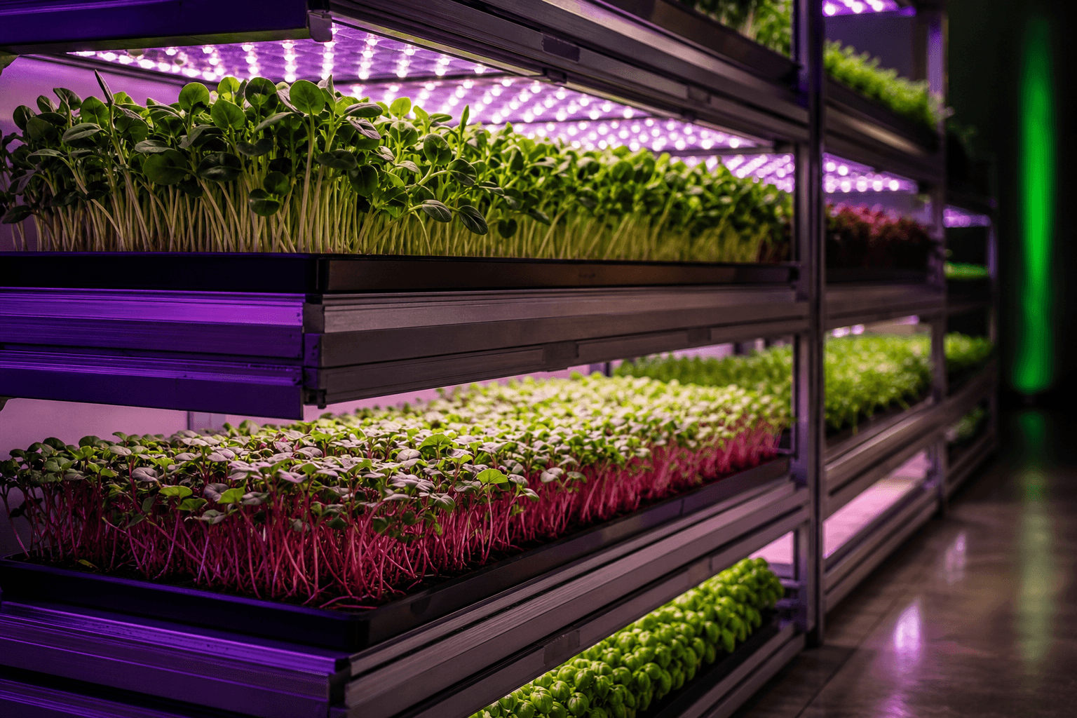 Mikrozöld termesztő üzem — polcokon nevelt friss csírák LED grow fények alatt